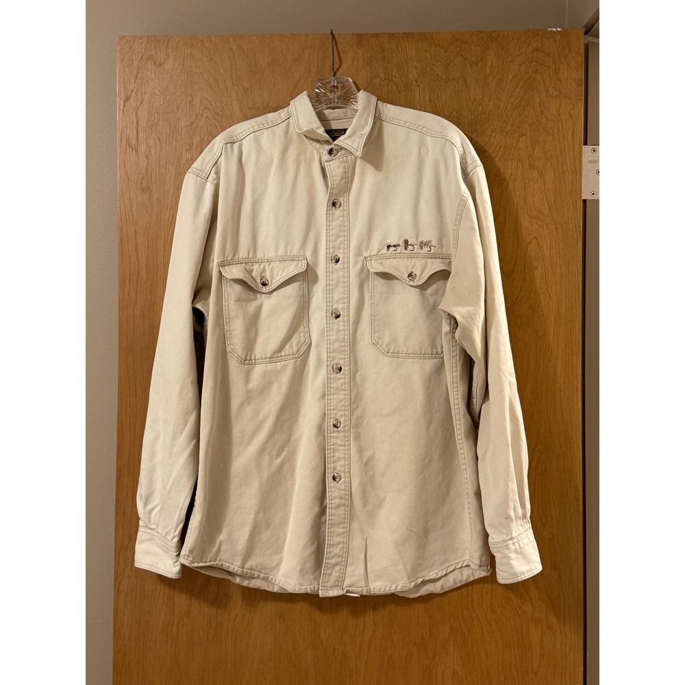 Eddie Bauer Vintage Twill Shirt Mens Fly Fishing Embroidered Cream Button Up